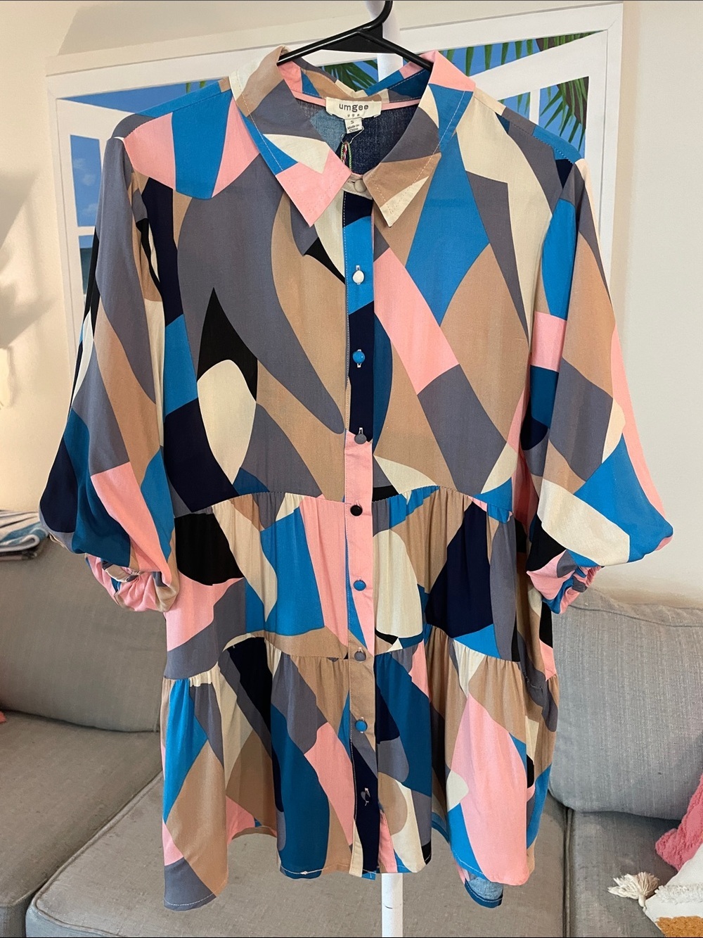 Umgee Colorblock Abstract Button-Front Babydoll Top 20”ptp
